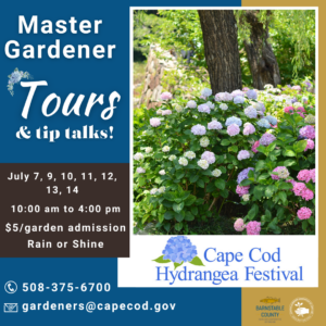 On the right is image of a hydrangea garden with county logos. On the left is text: Master Gardener Tours and Tip Talks! July 7, 9, 10, 11, 12, 13, & 14. 10am to 4pm.