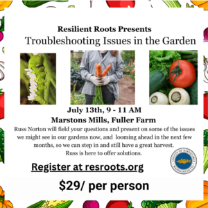 Image of a veggie garden Title: Troubleshooting Issues in the Garden. July 13th, 9 to 11am at Marstons Mills Fuller Farm. Text is, "By mid-July, gardens might be showing a few issues, and you might feel the need to step in and tweak a few things. Don’t worry, we’ve got you covered! Extension's Garden and Horticulture expert, Russ Norton, is here to help with all your garden concerns. He’ll not only answer your questions but also shed light on signs of problems that could be just around the corner. $29 per person, register at resroots.org."