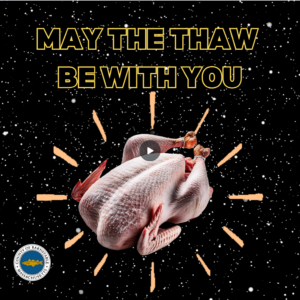 A raw turkey with legs and wings tied appears over a starry background. Text above reads "May the Thaw Be With You." Seal of Barnstable County, Massachusetts, is in the corner.