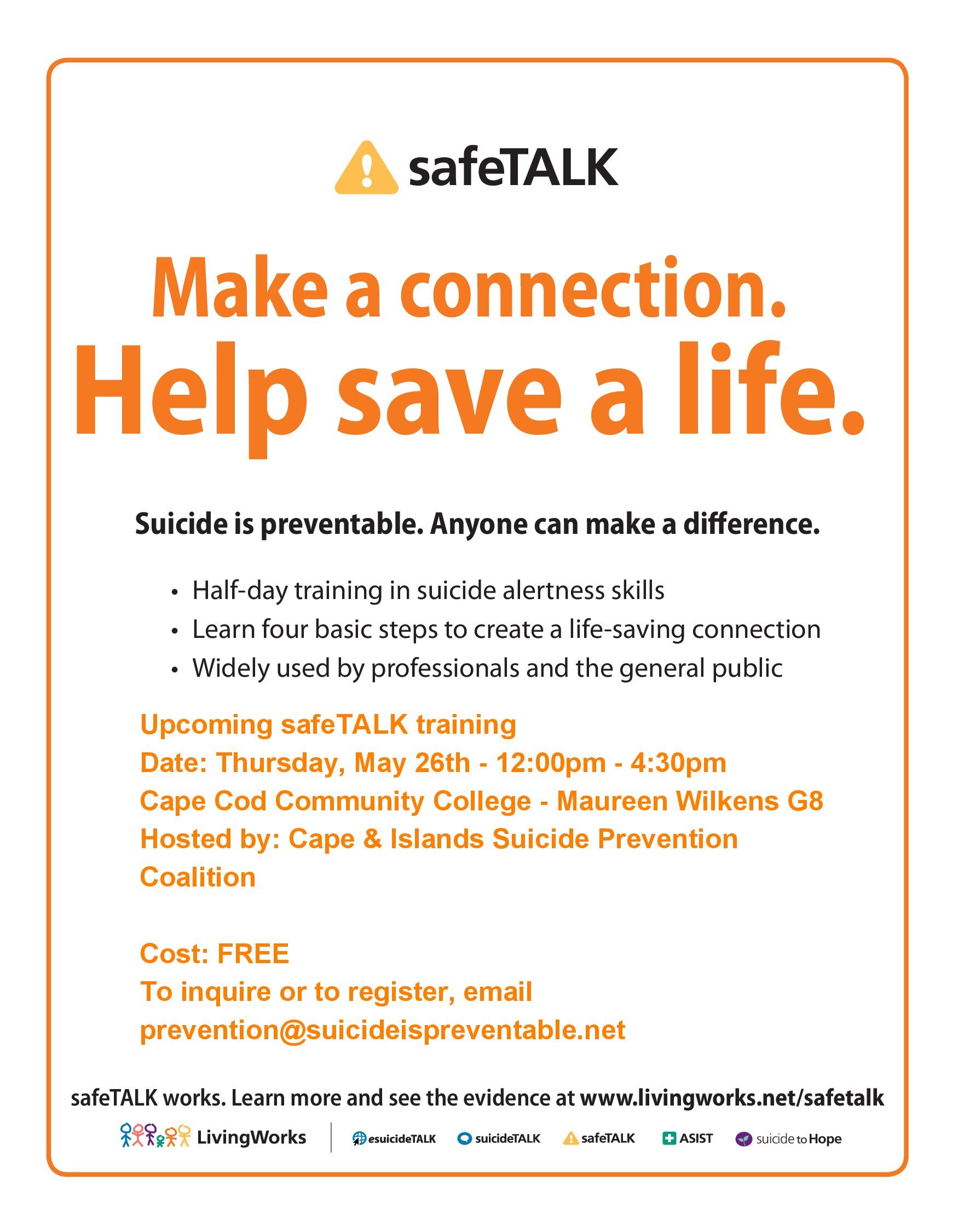 safeTALK Suicide Prevention Trainings at Cape Cod Community College