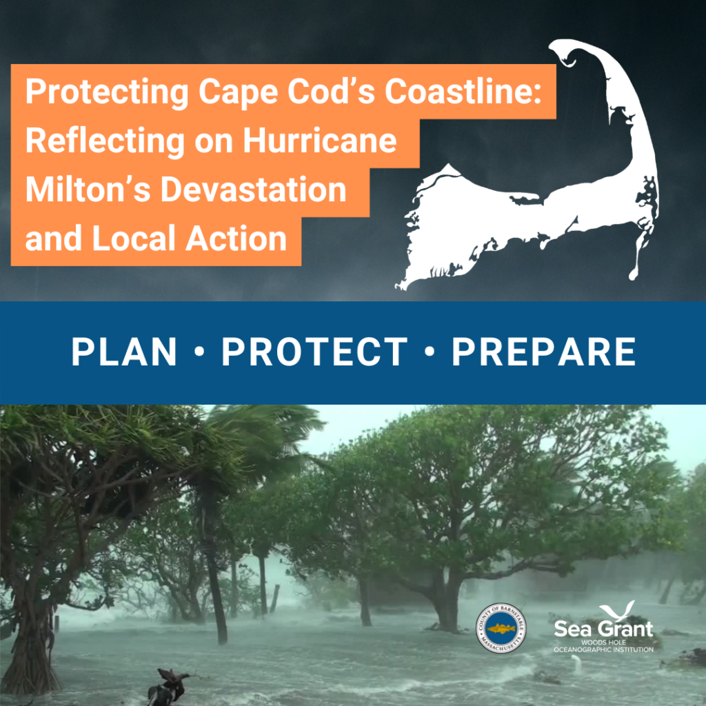 Graphic titled 'Protecting Cape Cod's Coastline: Reflecting on Hurricane Milton's Devastation and Local Action,' featuring an orange title banner with a white silhouette of Cape Cod. Below the title, three key words 'PLAN · PROTECT · PREPARE' are highlighted against a blue background. At the bottom, an image shows flooded trees and high winds during a storm, with logos for the County of Barnstable and Sea Grant Woods Hole Oceanographic Institution displayed.