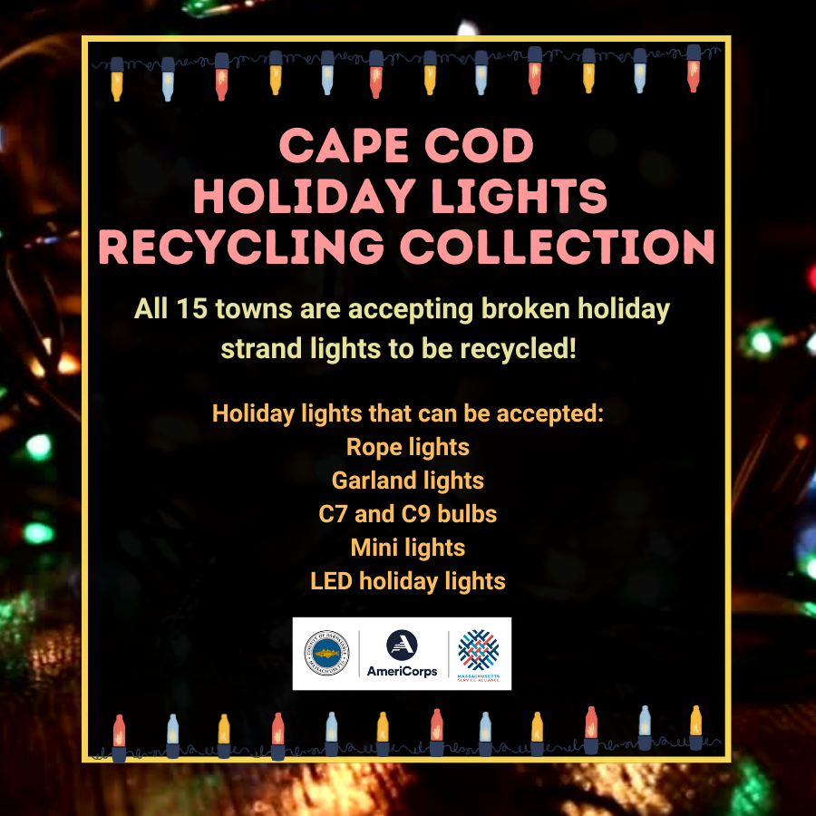 Graphic titled "Cape Cod Holiday Lights Recycling Collection." It announces that all 15 towns on Cape Cod are accepting broken holiday strand lights for recycling. Below, it lists accepted items: Rope lights, Garland lights, C7 and C9 bulbs, Mini lights, and LED holiday lights. At the bottom, logos for Barnstable County, AmeriCorps, and Cape Cod Cooperative Extension are displayed. The graphic is bordered by images of colorful holiday lights on top and bottom, with a festive, dark background.